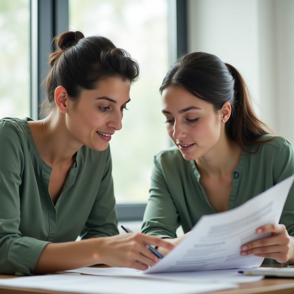 Certified bilingual German language instructor reviewing materials with a student