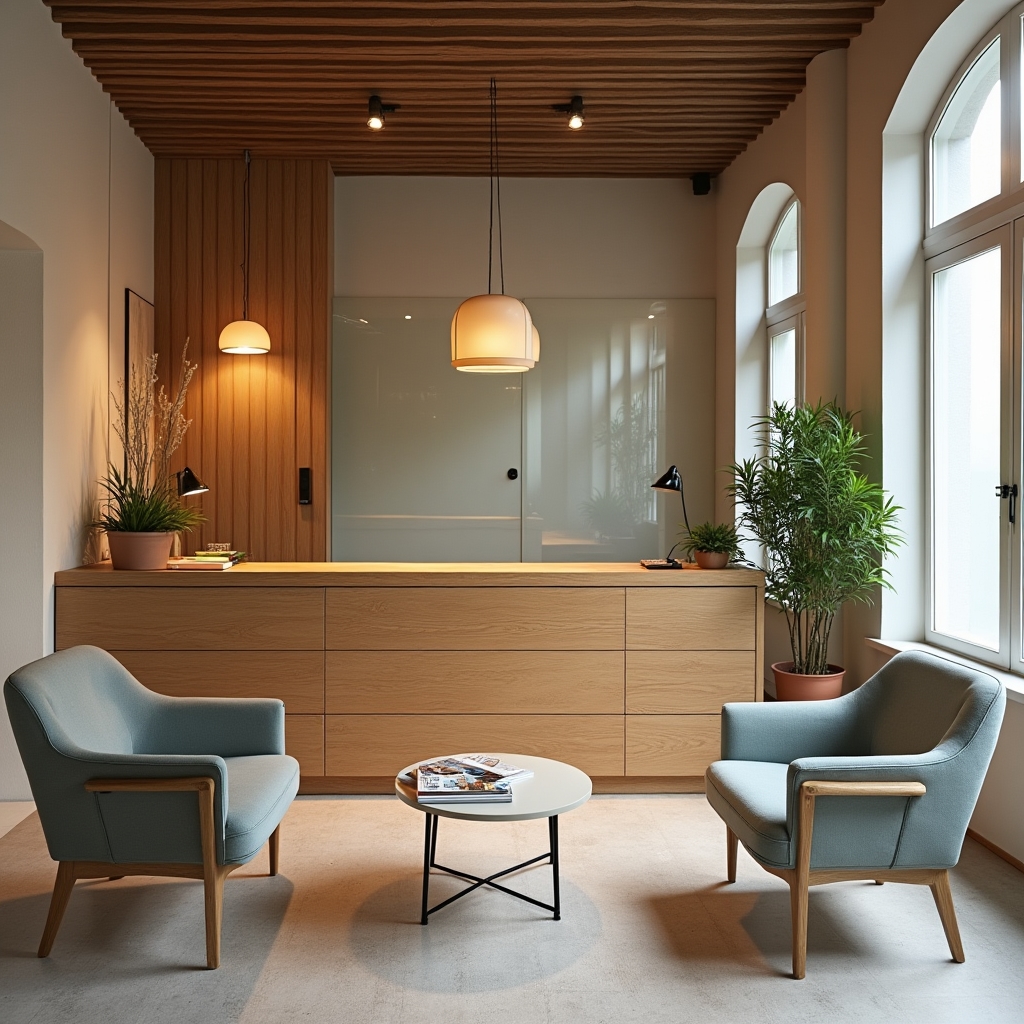 Welcoming reception area of Zuleyi language centre with plants, a wooden counter and warm lighting