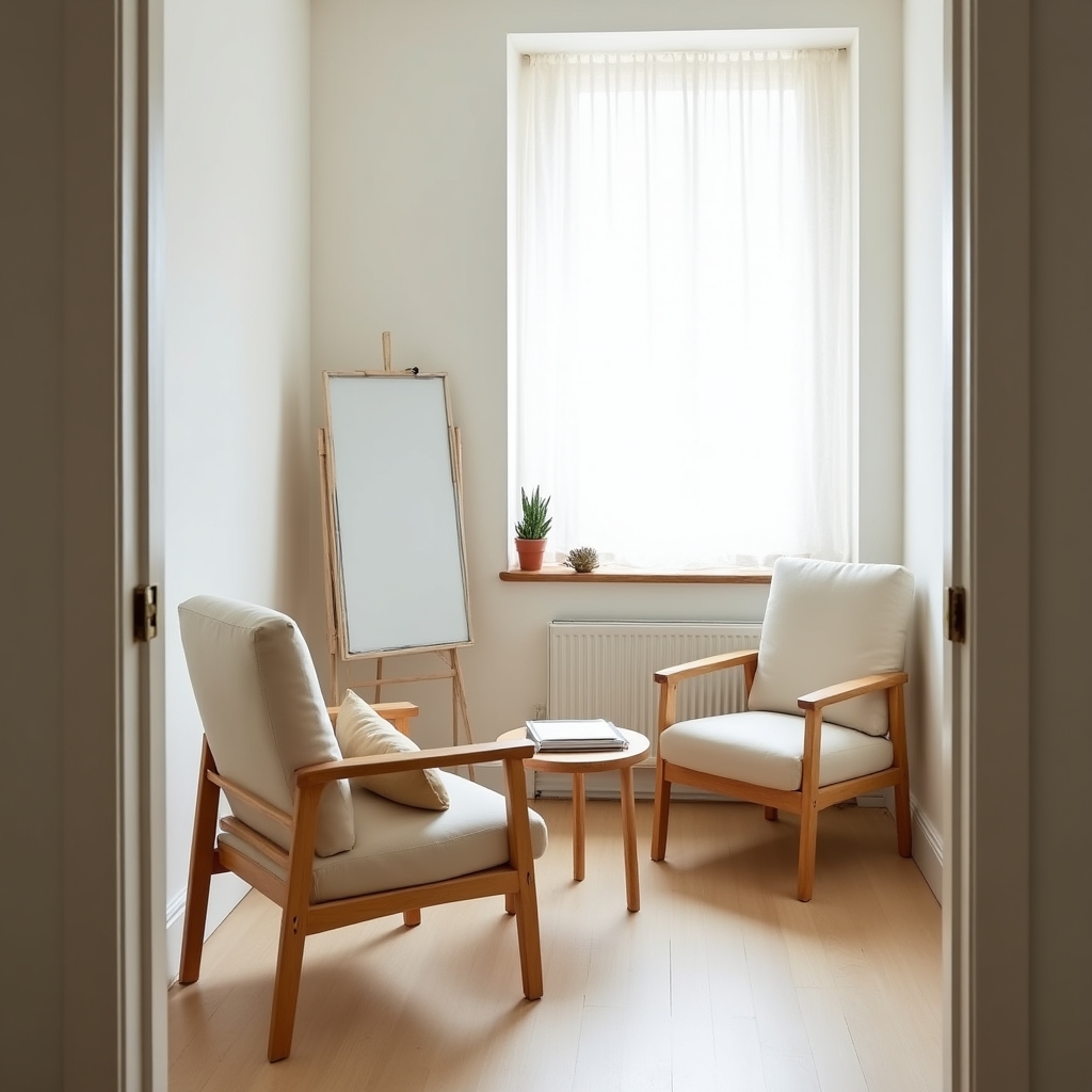 Quiet individual lesson room at Zuleyi with two chairs, a small desk and a whiteboard