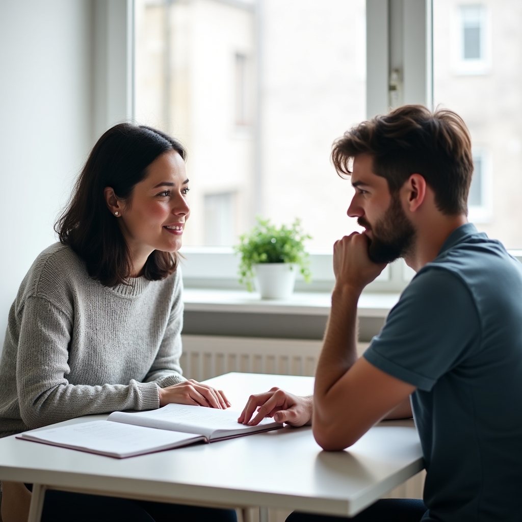 One-on-one Polish language lesson between instructor and adult foreign student at a bright desk